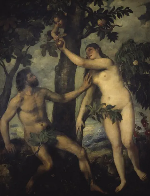 The Temptation of Adam and Eve  c. 1571-1575  Titian (1477/89-1576/ Venetian)  Oil on canvas  Museo del Prado, Madrid 