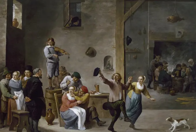 Interior of Inn with Dancing Peasants by David Teniers II, (1610-1690)