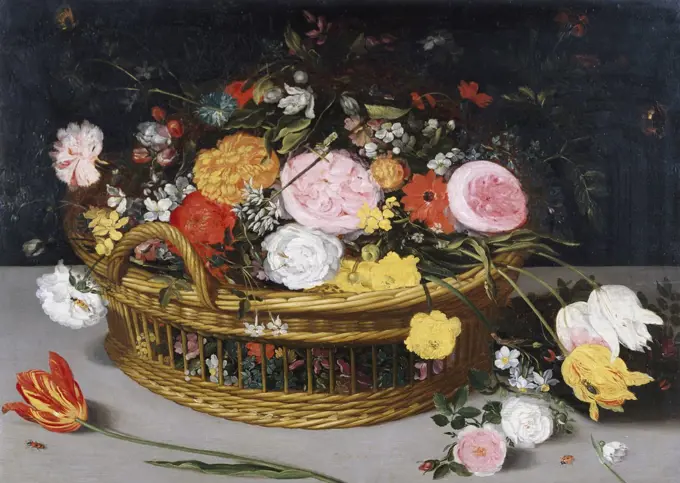 Roses, Tulips, and other Flowers in a Wicker Basket Jan Bruegel the Elder (1568-1625/Flemish)