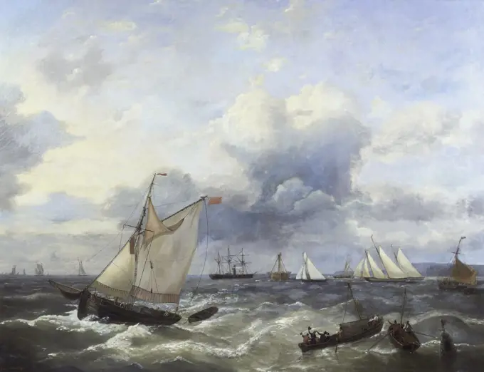 Sailing Vessels & A Steamship Offshore in a Squall Louis Verboeckhoven (1802-1899/Belgian)