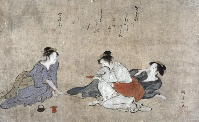 Three Drunken Women C.1787 Torii Kuyonobu (1664-1729 Japanese) Woodcut print