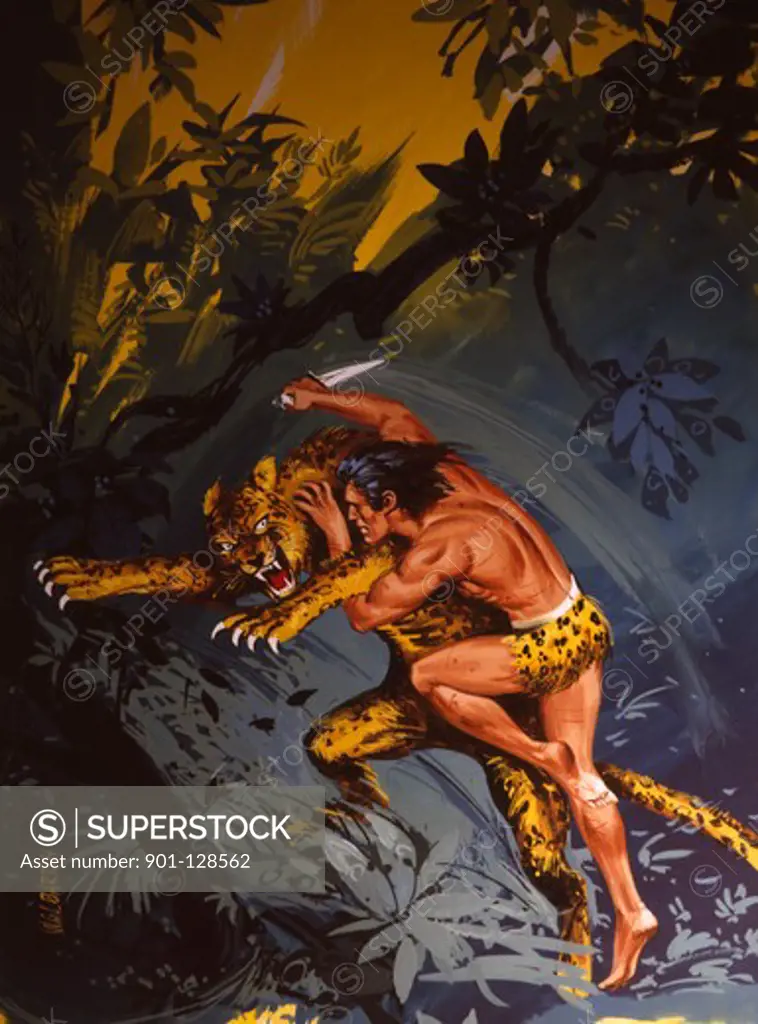Tarzan figting with leopard