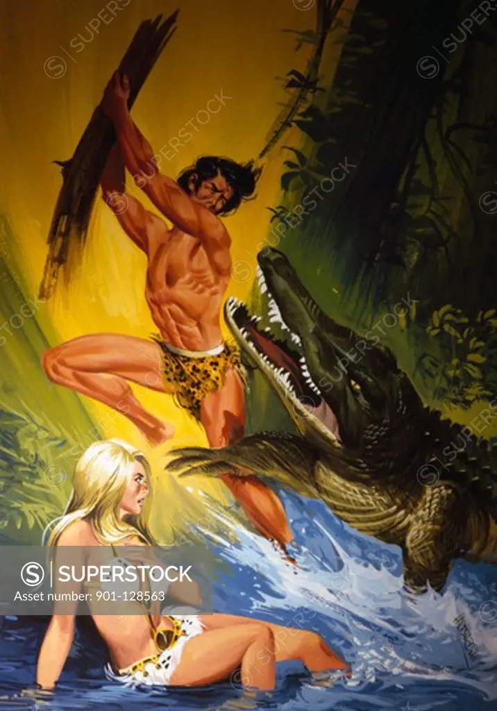 Crocodile attacking Tarzan and Jane
