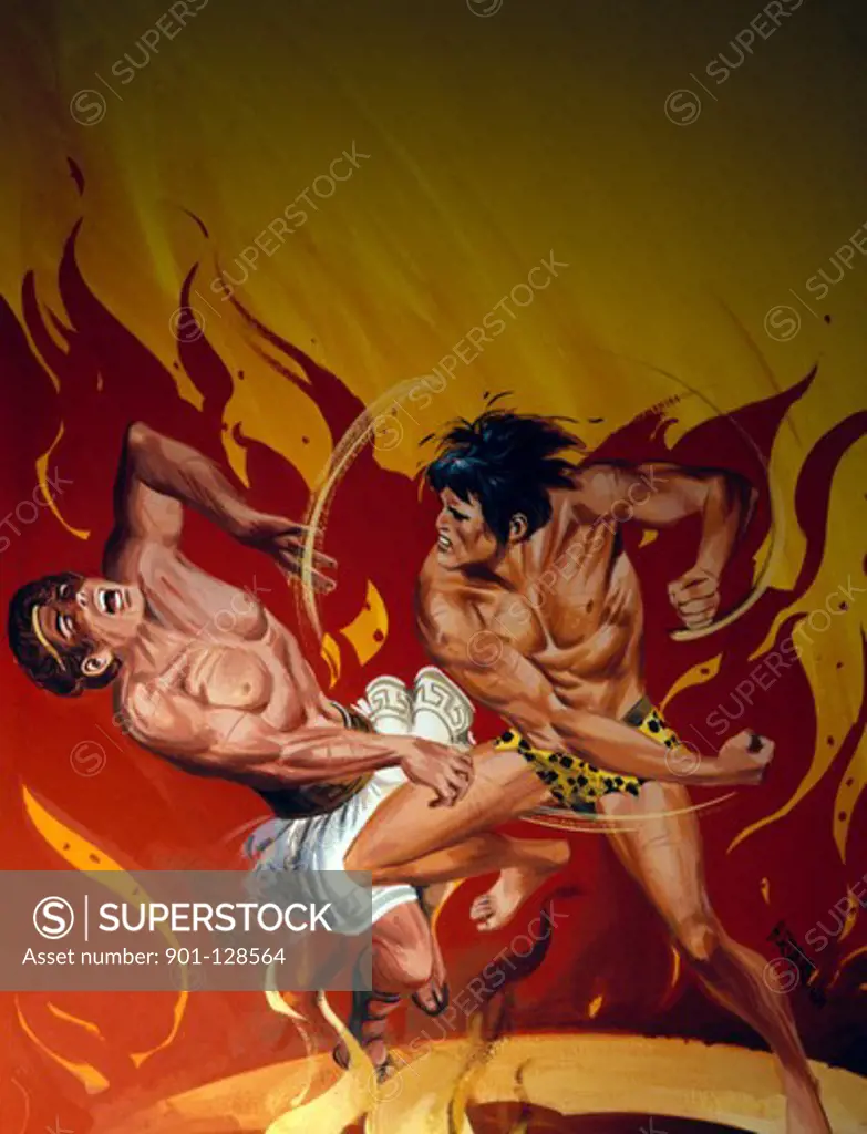 Tarzan fighting with muscular man in front of fire