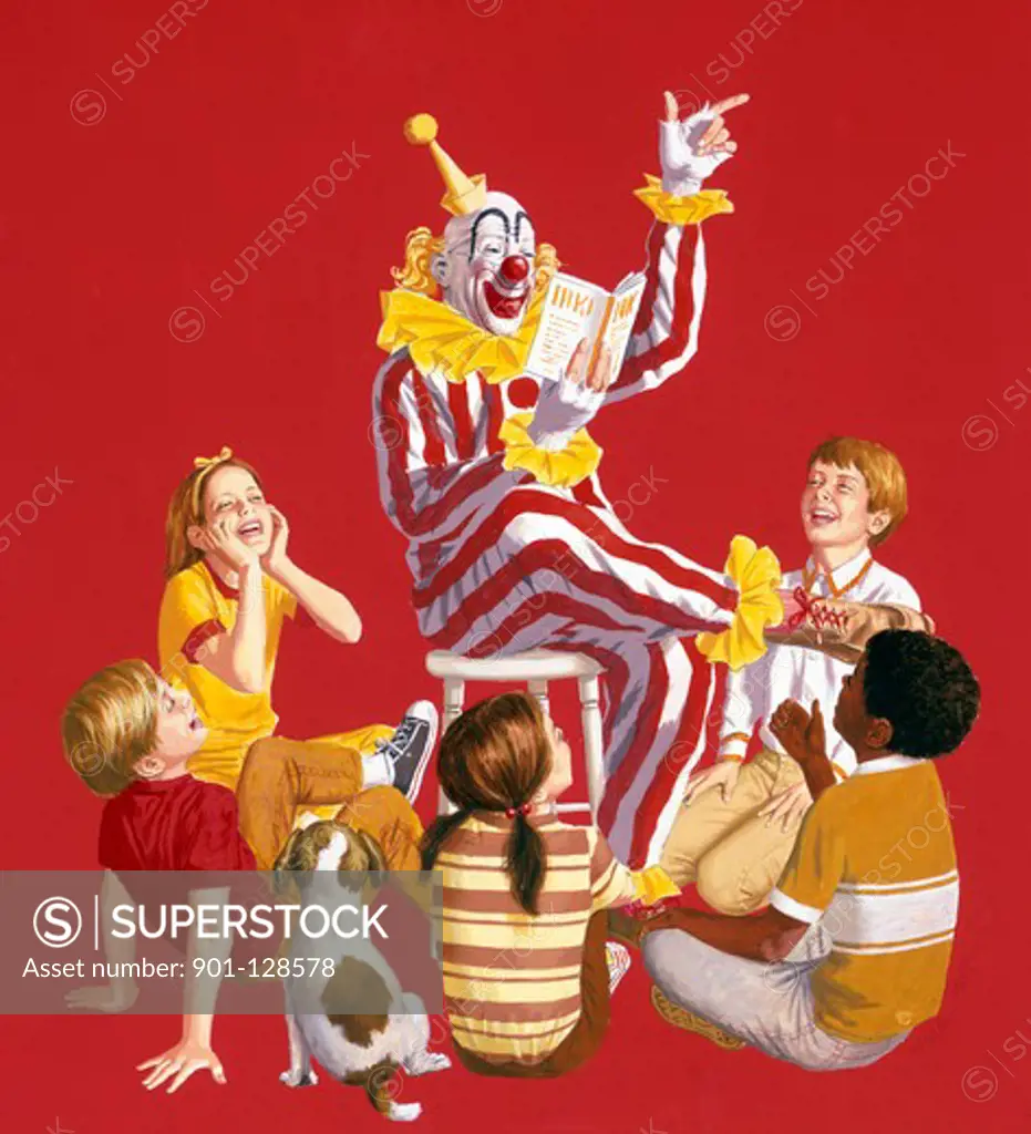 Clown reading book to group of children and one dog