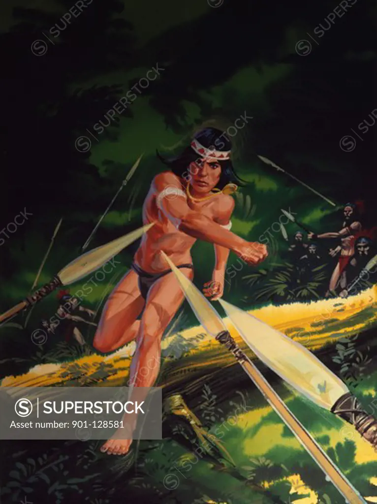 Native American young man being surrounded by enemies with spears