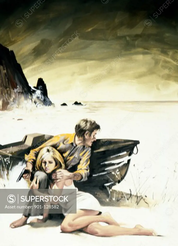 Young woman and man with gun hiding behing rowing boat on beach
