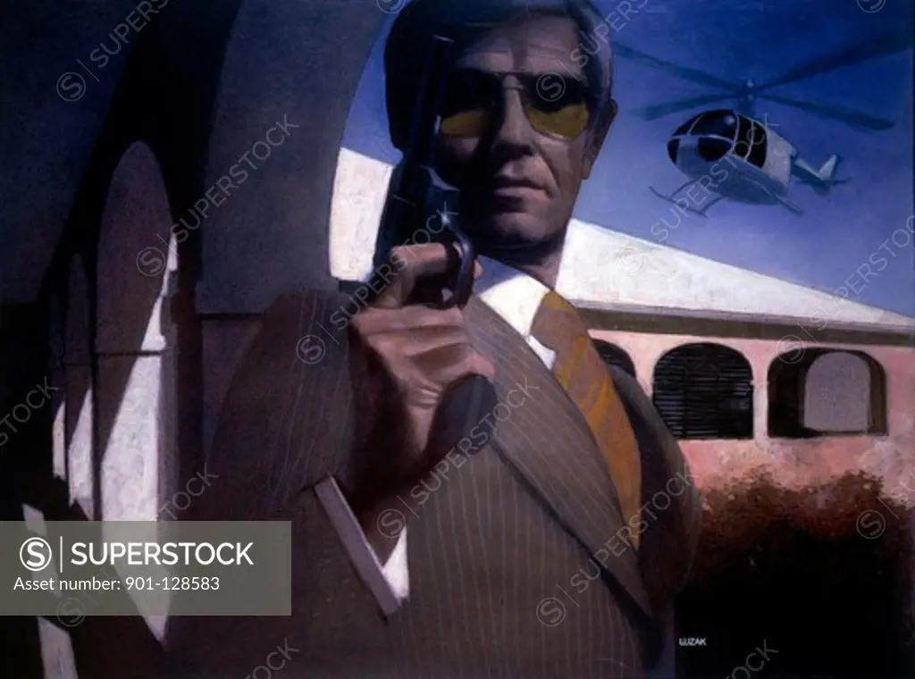 Man with sunglasses holding gun, helicopter in background
