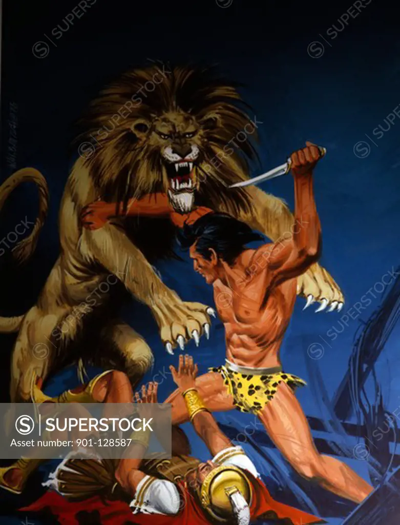 Tarzan fighting with lion and rescuing centurion, illustration