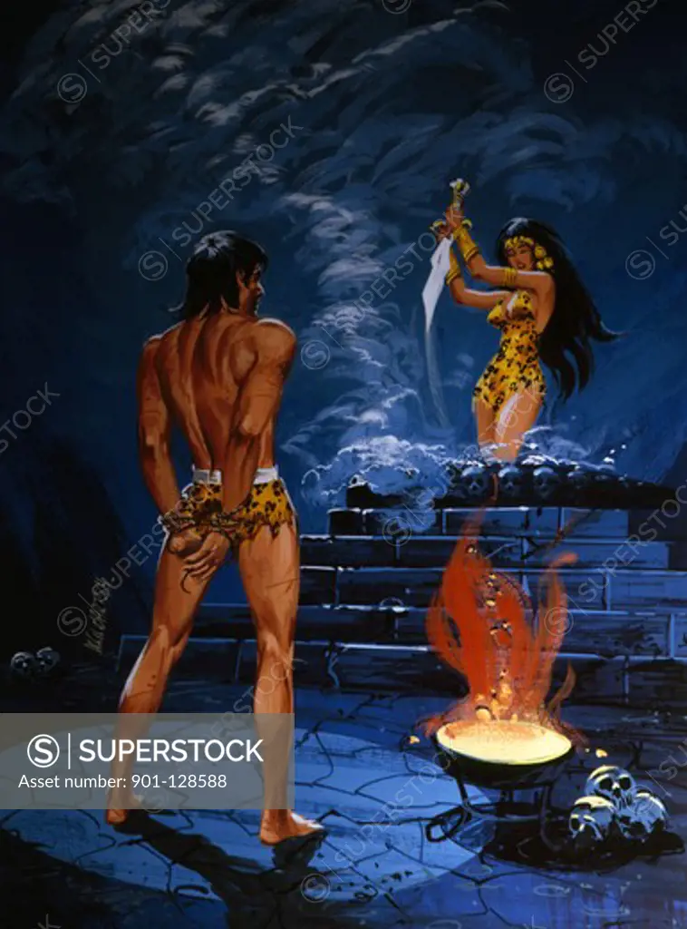Tide-up Tarzan standing in front of priestess holding sword, illustration
