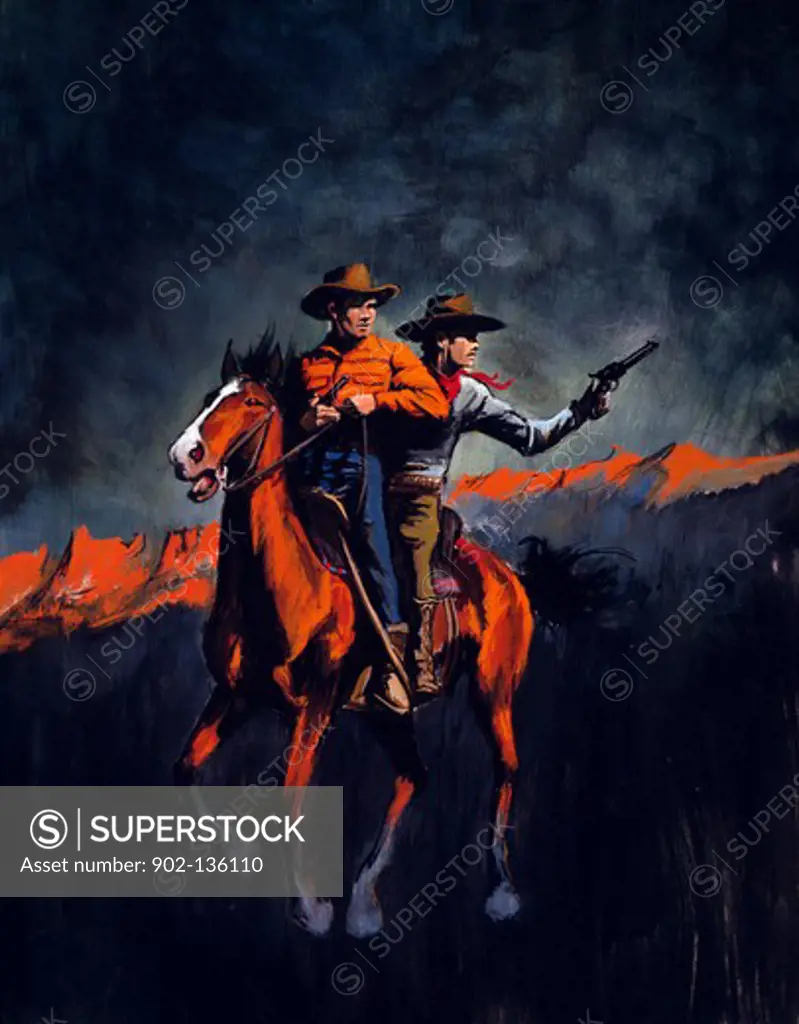 Cowboys riding a horse and having a gun duel