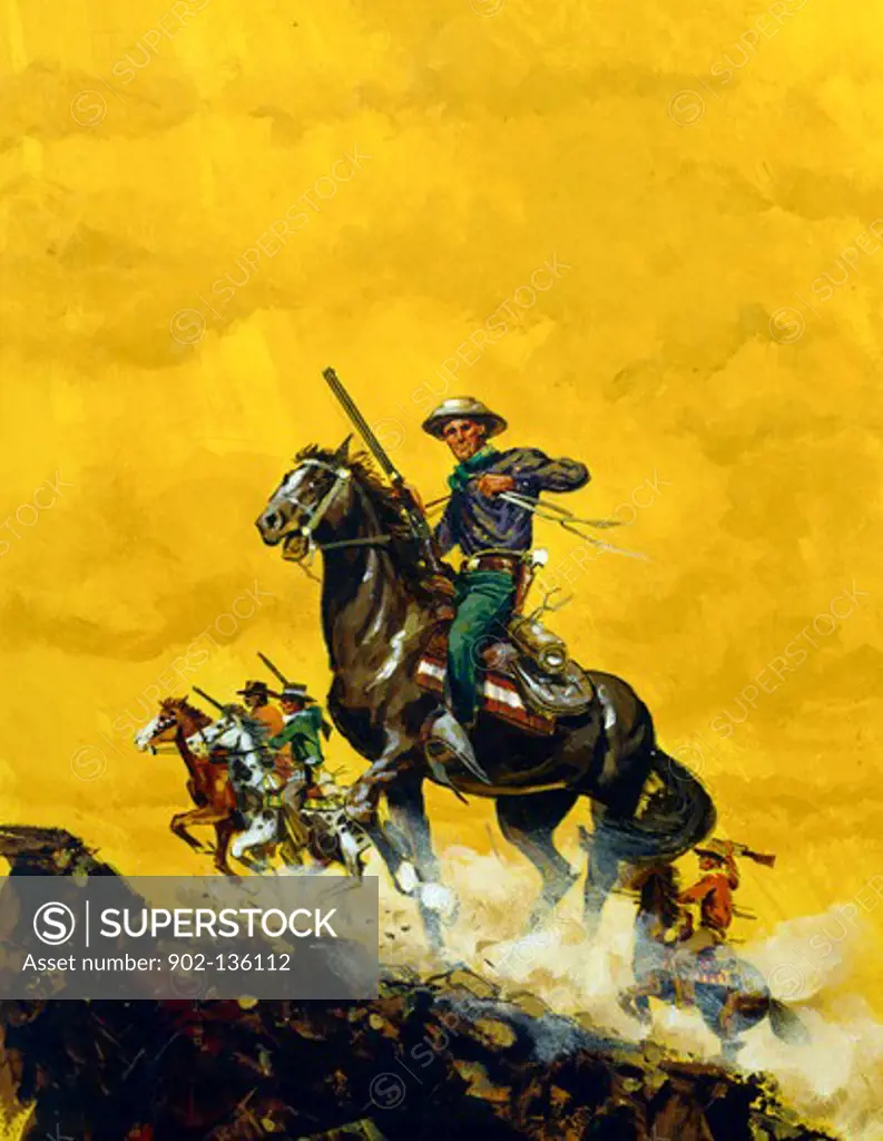 Cowboys riding horses and holding shotguns