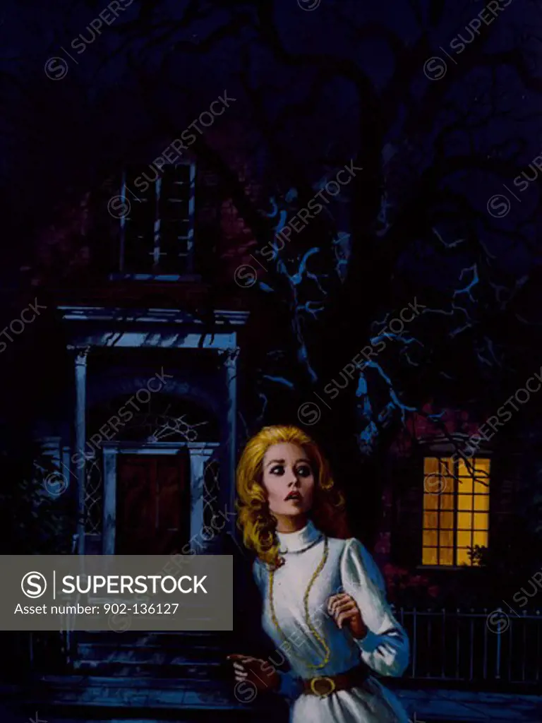 Scared young woman standing in front of building at night by unknown artist,  illustration