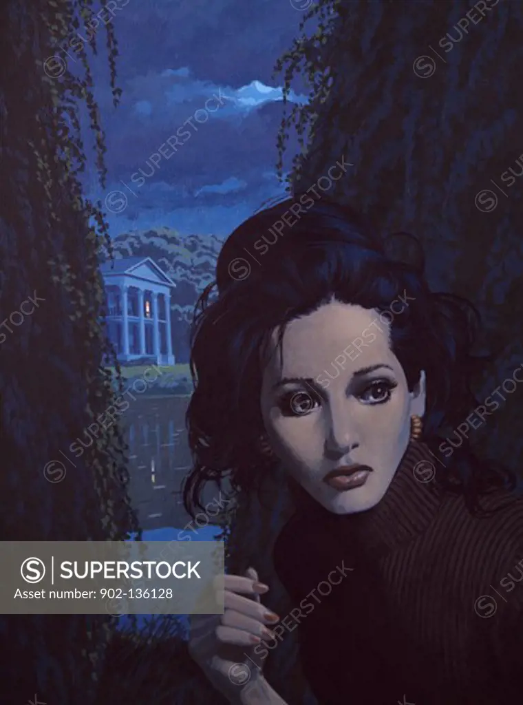 Scared young woman at night by unknown artist,  illustration