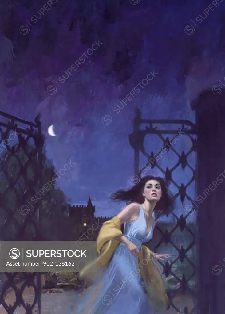 Young woman running through gate at night by unknown artist,  illustration