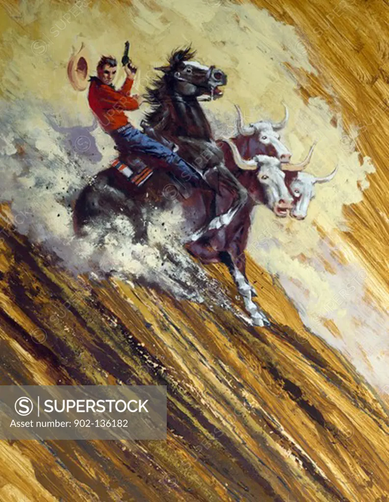 Cowboy on a horse sliding with bulls on a slope