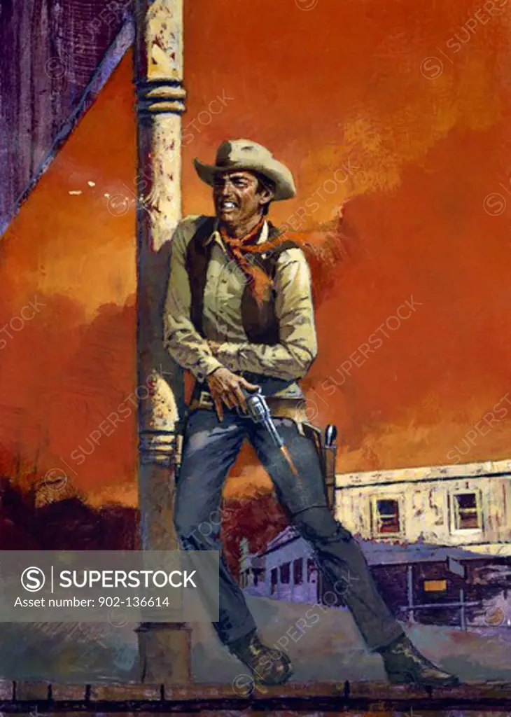 Cowboy leaning against a column and holding a handgun