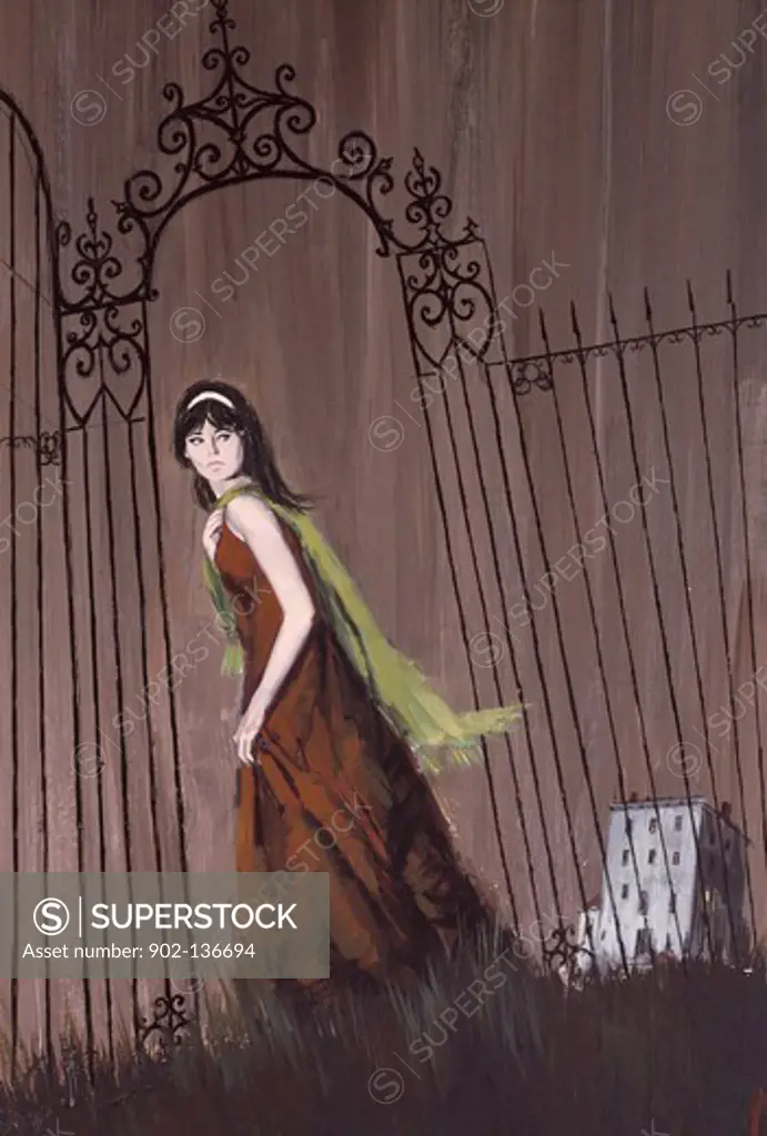 Young woman walking past iron gate at night by unknown artist,  illustration