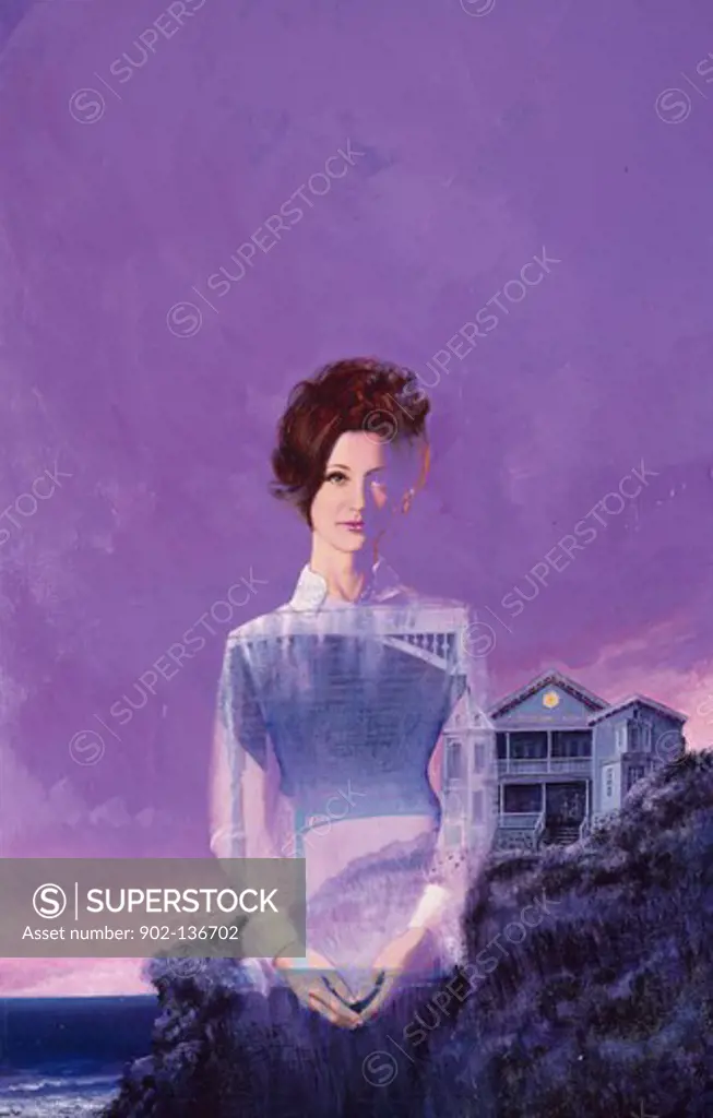 Ghost of young woman by sea with house in background at dusk by unknown artist,  illustration