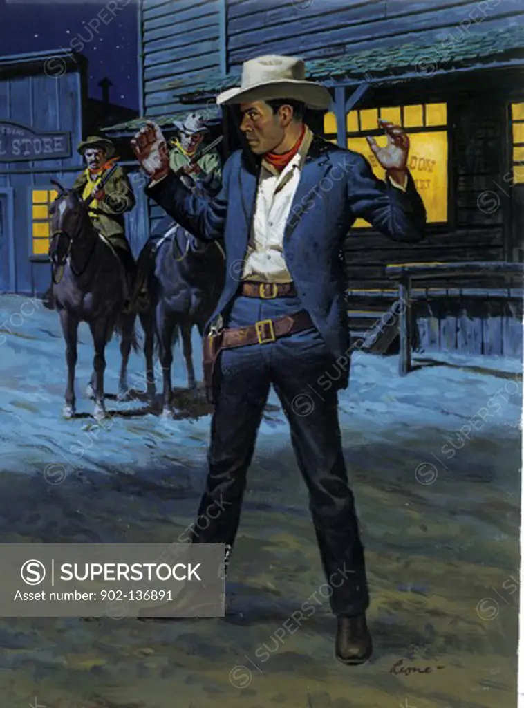 Cowboys aiming with rifles at a man