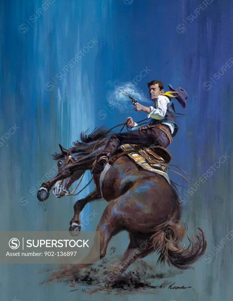 Cowboy riding a horse and shooting with a gun