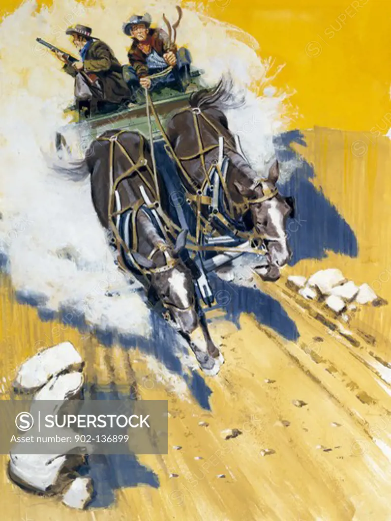 Cowboys riding a horse cart and having a gun duel