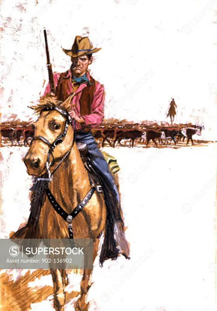 Cowboy riding a horse with a shotgun