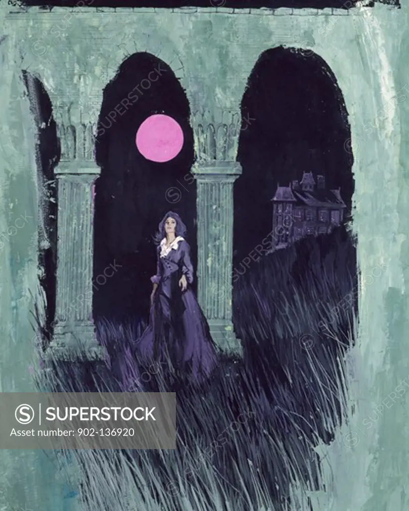 Young woman standing in ruins with house in background at night by unknown artist,  illustration