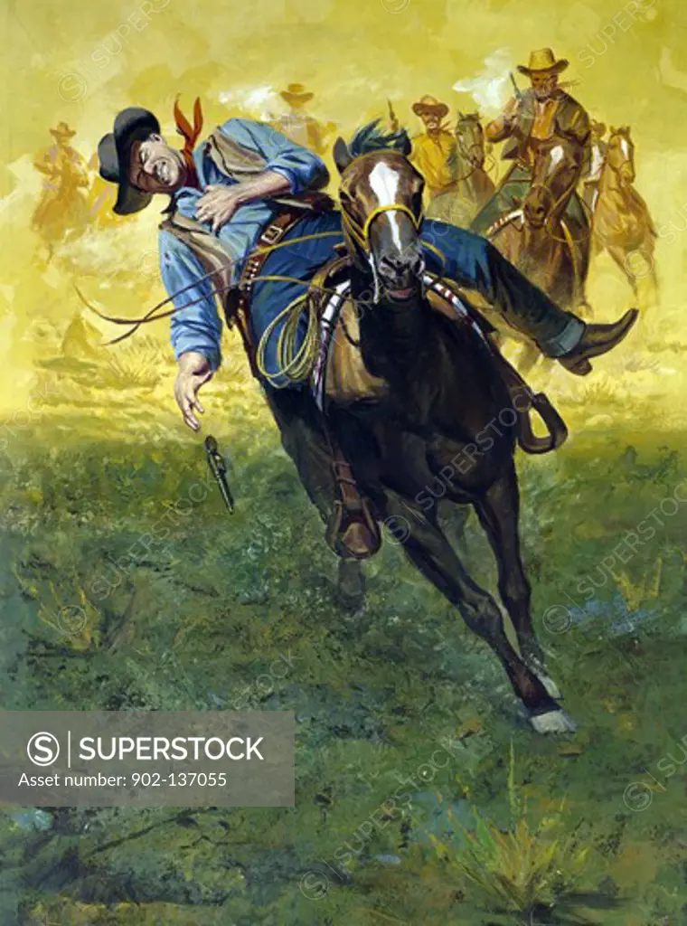 Cowboy on horseback with enemy chasing
