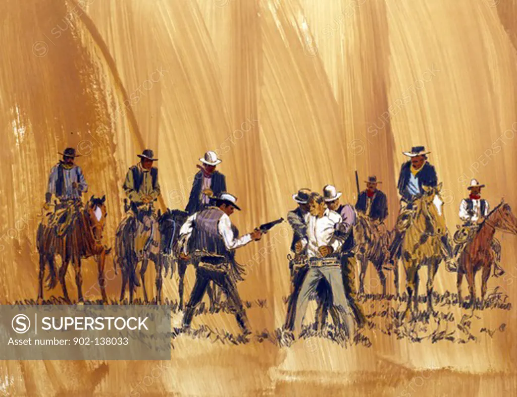 Cowboys on horseback surrounding enemy