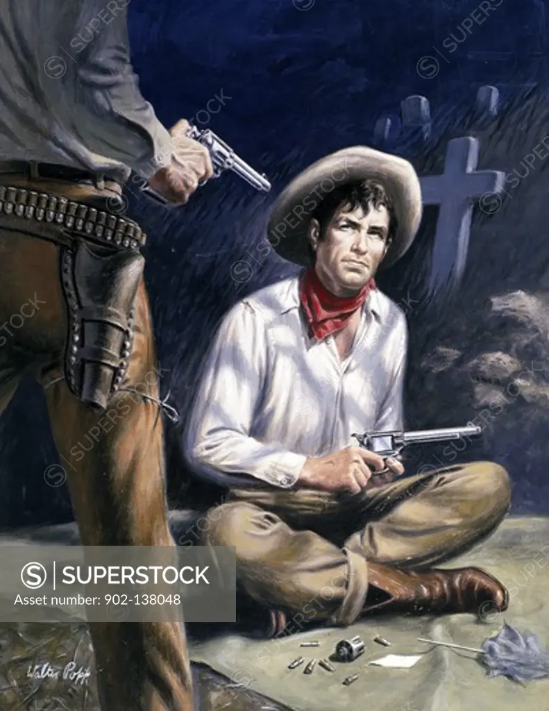 Painting of cowboy threatening other cowboy with gun