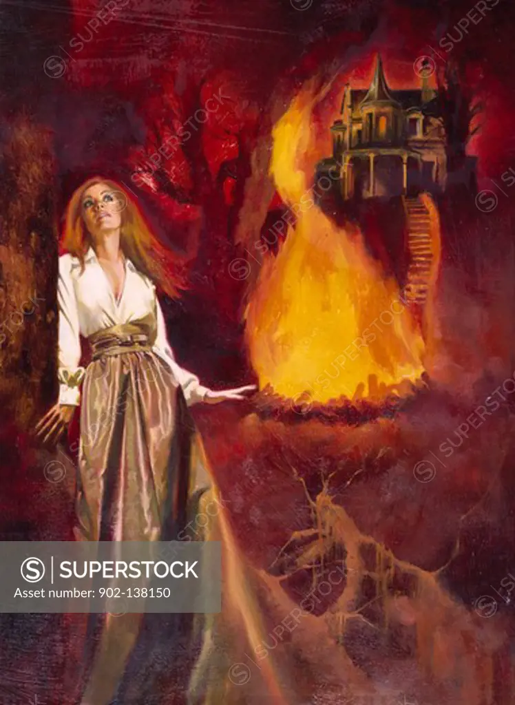 Young woman walking from castle on fire
