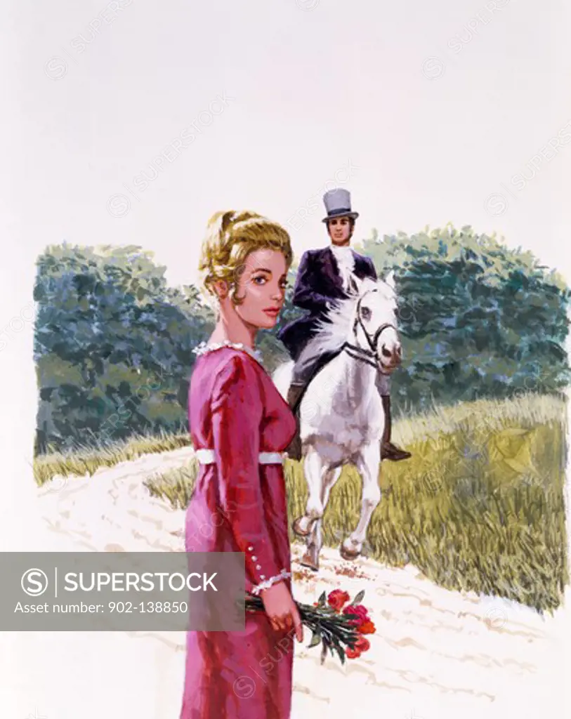 Woman holding bouquet of flowers with a man riding a horse