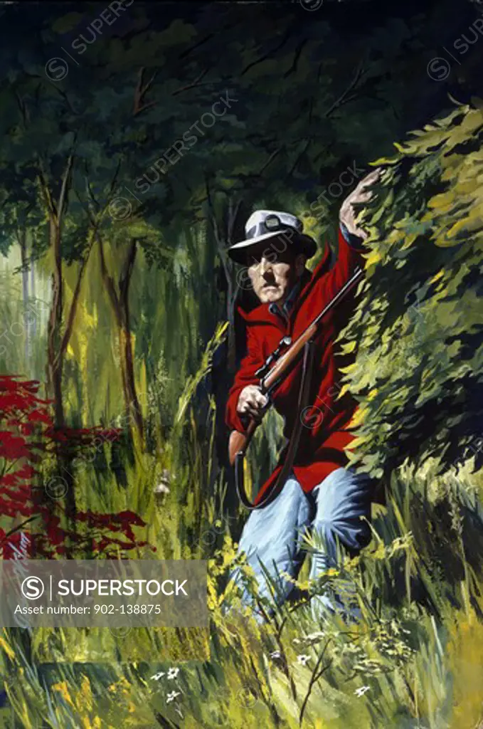 Man hiding behind a tree holding a rifle