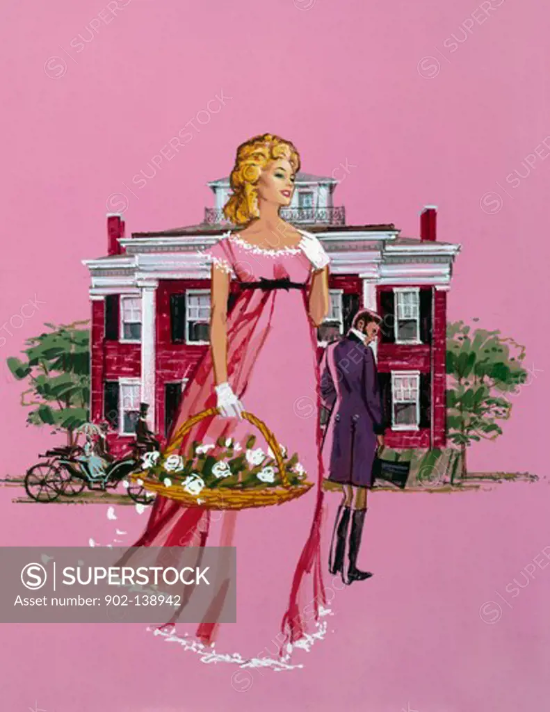 Woman carrying a basket of flower with a man in the background