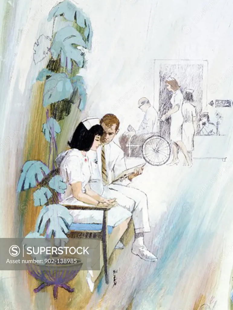 Doctor and a nurse reviewing a medical report in the corridor of a hospital