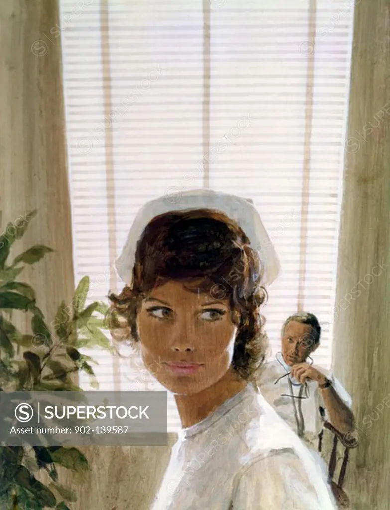 Female nurse with a male doctor in the background