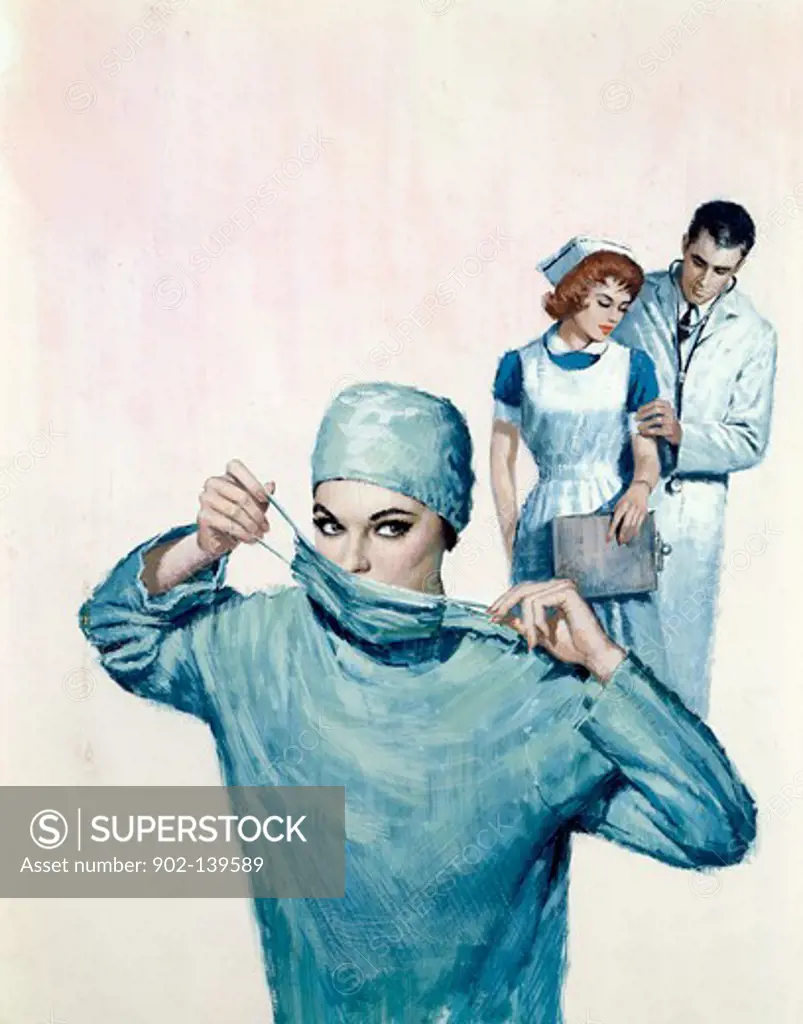 Female surgeon adjusting surgical mask and a male doctor flirting with a female nurse