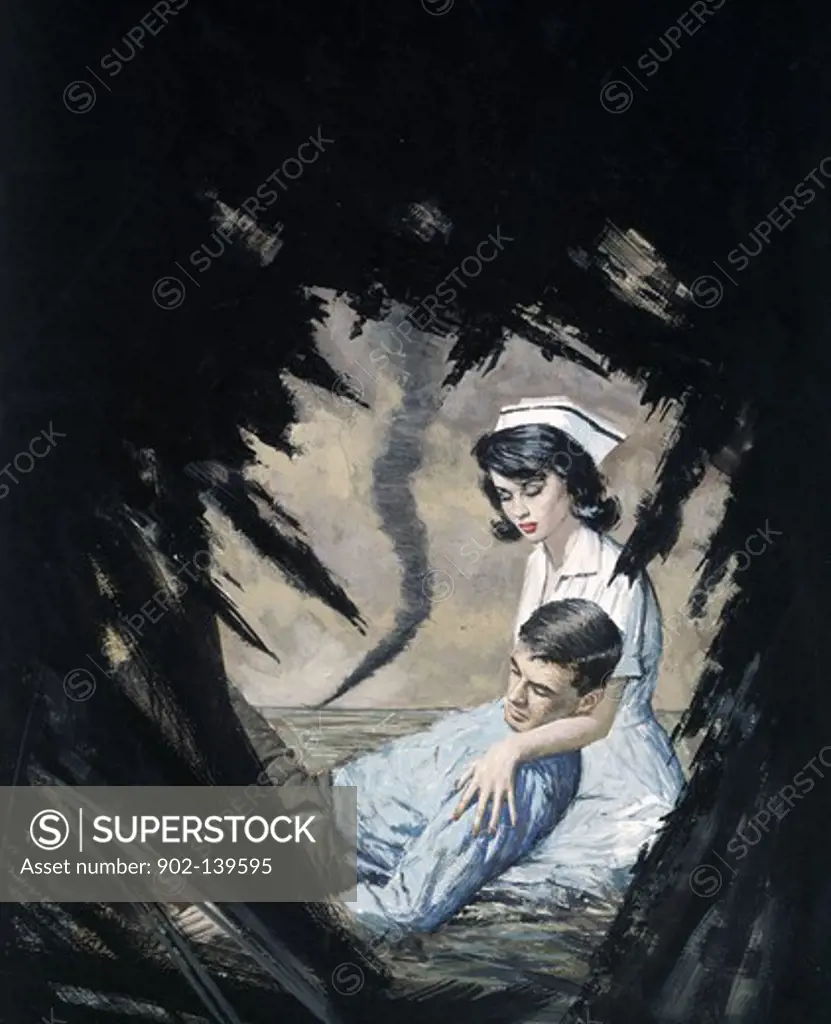 Female nurse with a wounded man in a field