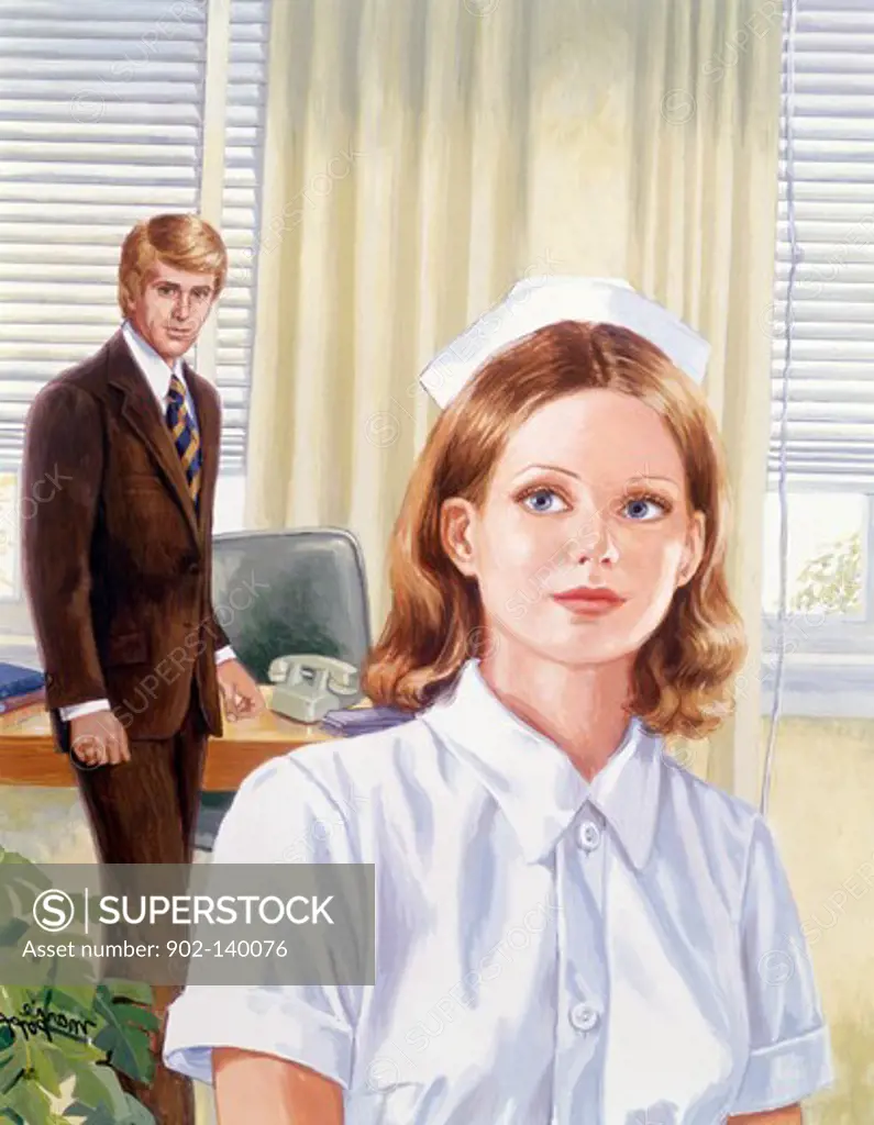 Female nurse with a man standing in the background