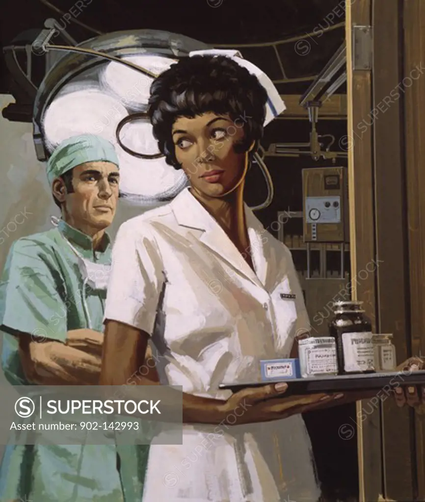 Female nurse in an operating room with a surgeon standing behind her