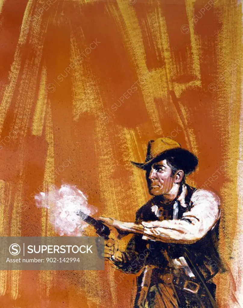 Painting of cowboy shooting, Angry Gunfire, Artist Unknown (American)