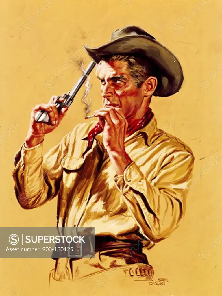 Cowboy smoking a cigarette and holding a handgun