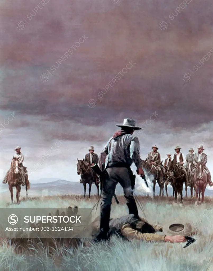 Painting of cowboy standing by dead body on prairie, facing group of horsemen