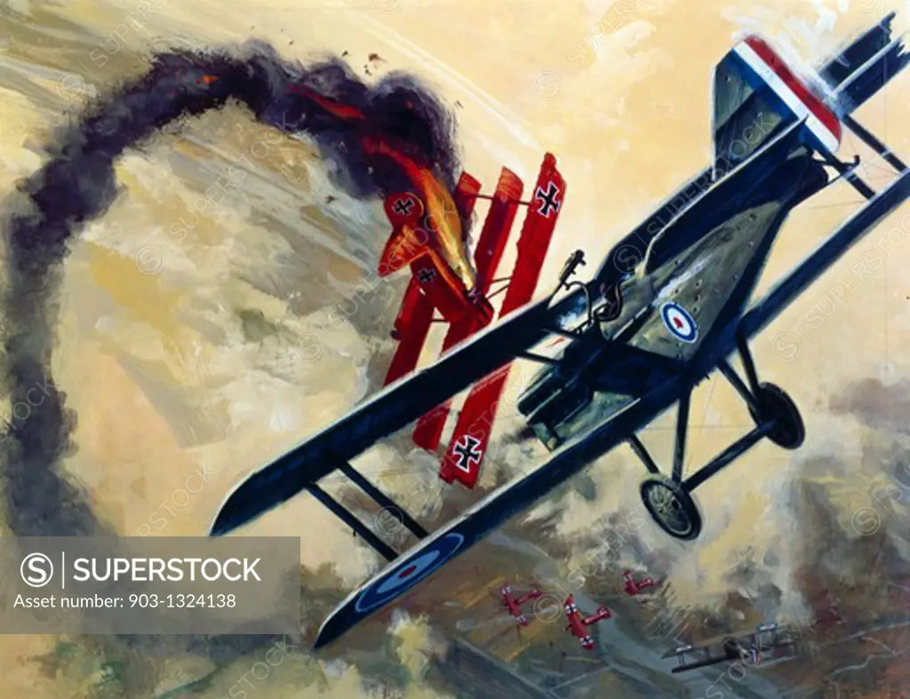 Painting of French Air Force fighter plane destroying German plane