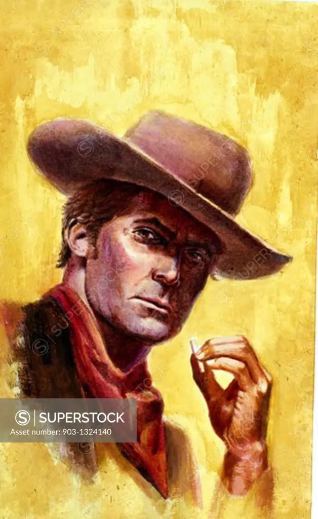 Painting of cowboy holding cigarette