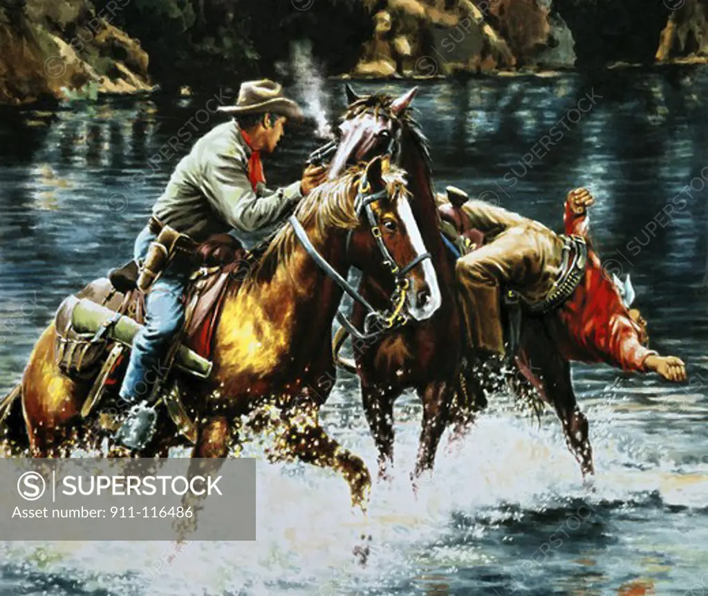 Cowboys fighting in a river