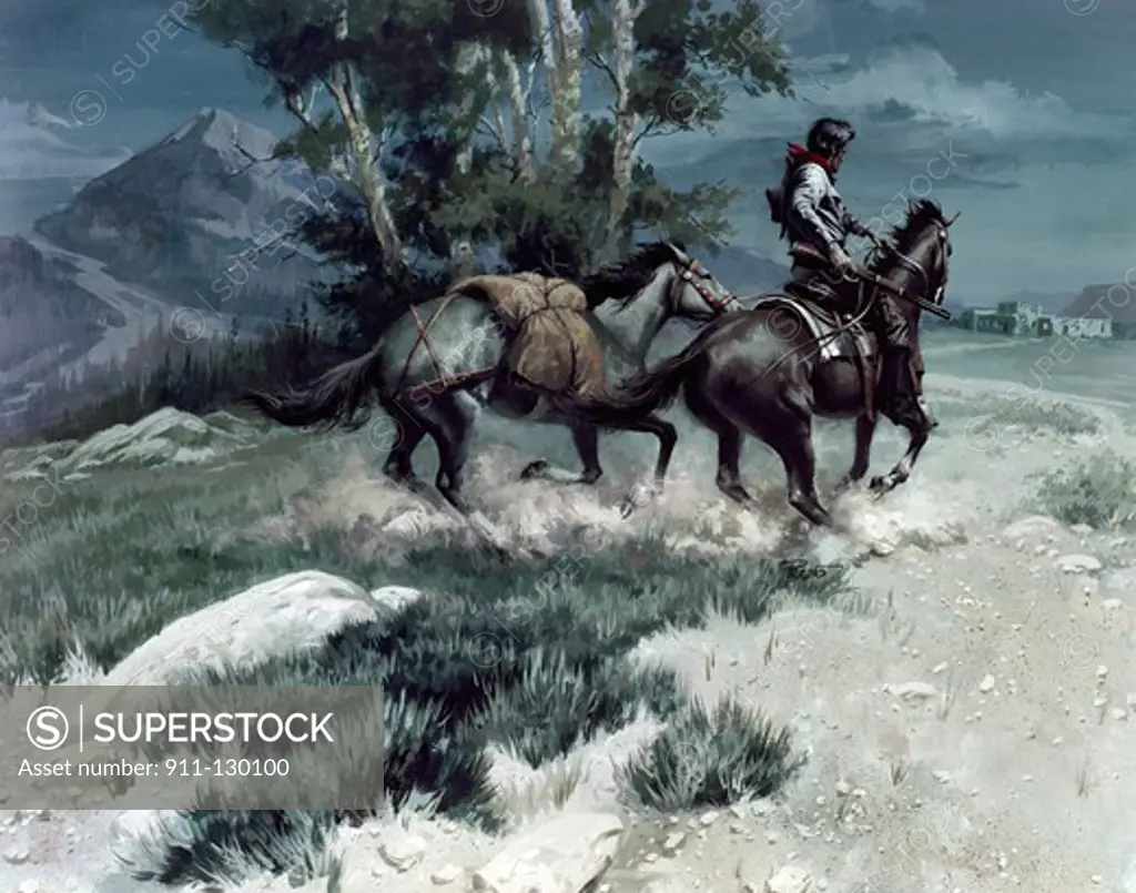 Cowboy riding a horse and holding a shotgun