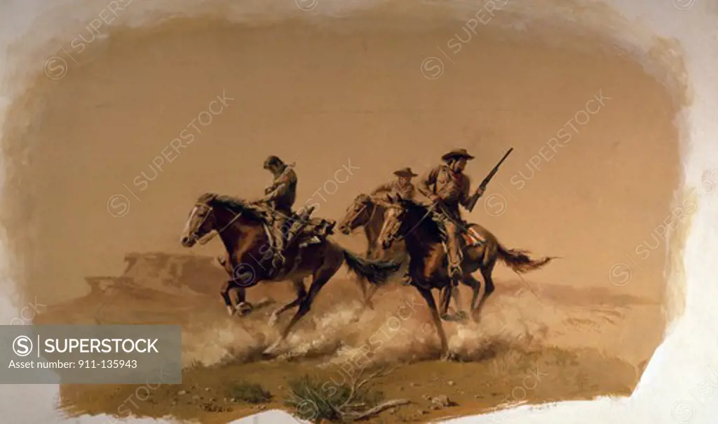 Cowboys fighting on horses