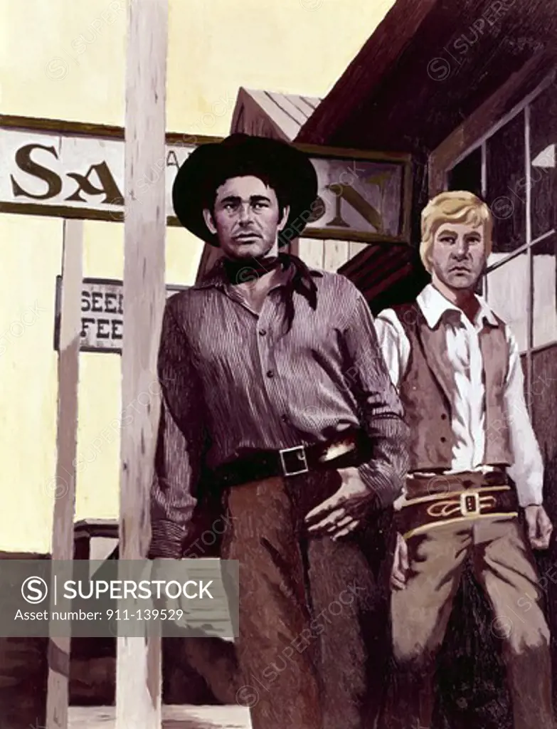 Cowboys standing in front of a ranch